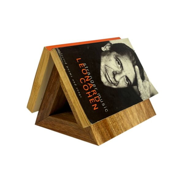 Alpha Phantom Creations Bookworm Designer Wooden Triangular-Shaped Book Page Holder front angled view with Varnish Gloss with book