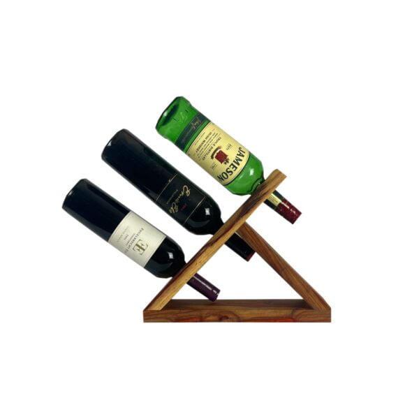 Alpha Phantom Creations Saguaro Cactus Designer Wooden Triangular-Shaped Wine Bottle Holder side view in varnish suede finish with bottles Alpha Phantom Creations Saguaro Cactus Designer Wooden Triangular-Shaped Wine Bottle Holder side view in varnish suede finish with bottles
