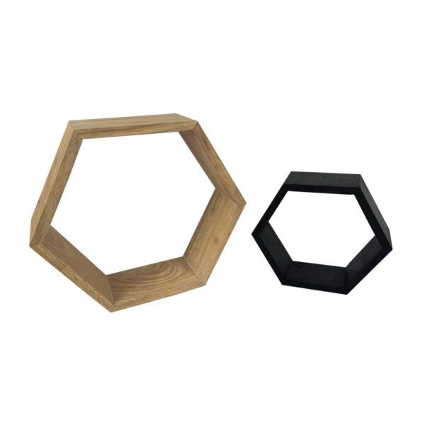 Designer Wooden Honeycomb-Shaped Floating Display Shelves different sizes stained Designer Wooden Honeycomb-Shaped Floating Display Shelves different sizes stained